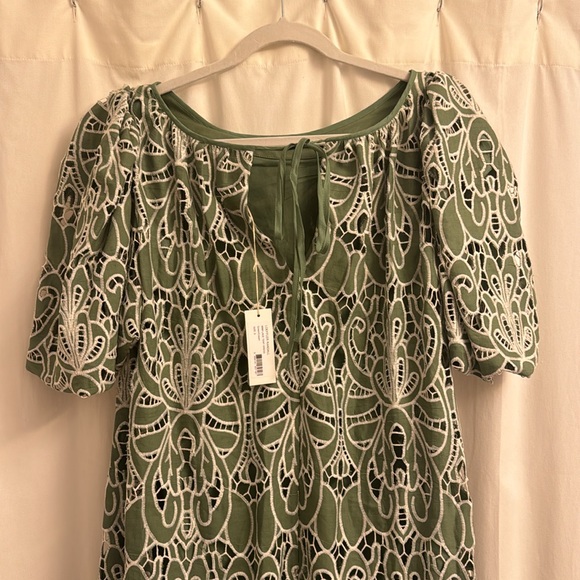 NWT LOEFFLER RANDALL Mimi Lace Tent Green Oversized Puff-Sleeve Dress Size Small - Picture 9 of 10